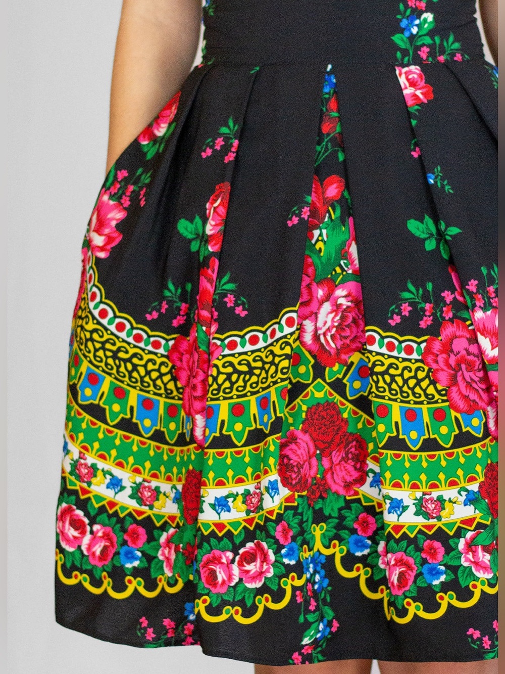 Vintage Floral Print Black Multicolor Pleated A Line Folk Bohemian Skirt Medium - Picture 2 of 6